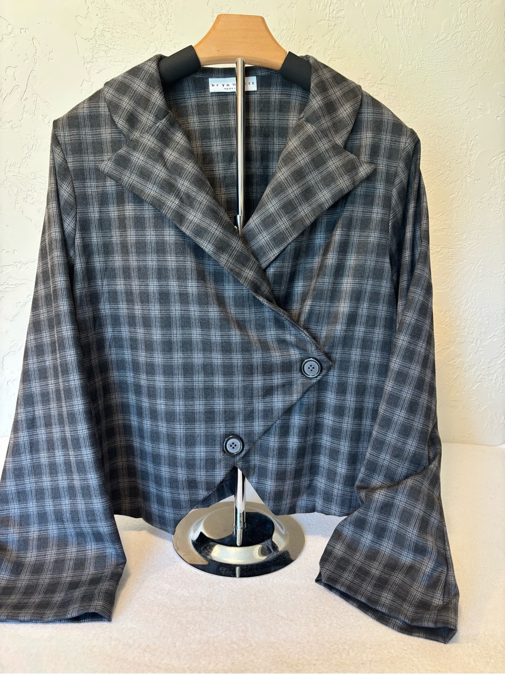 Bryn Walker Gray Plaid Asymmetrical Button Jacket‎ Blazer USA Small Lagenlook